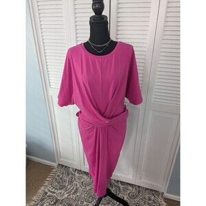 Elloquii Dress Women's Sz 16 Pink Cross Front Tie Crew Neck Stretch Barbiecore